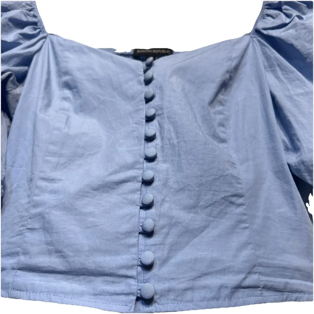 Banana Republic Cropped Puff Sleeve Button Down Blouse Light Blue Women's Sz XS‎